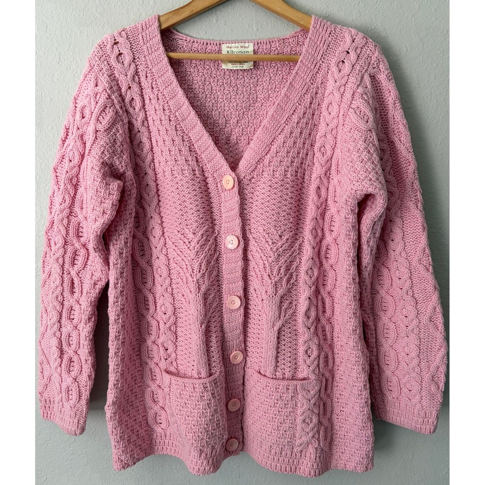 Vtg Kilronan Women Merino Wool Pink Aran Cable Knit Cardigan XL Made in Ireland
